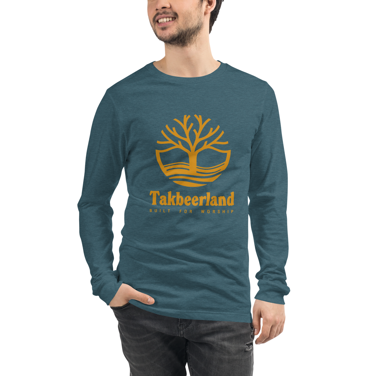 ADULT Long Sleeve Shirt - TAKBEERLAND FULL LOGO (Centered/Large) - Gold