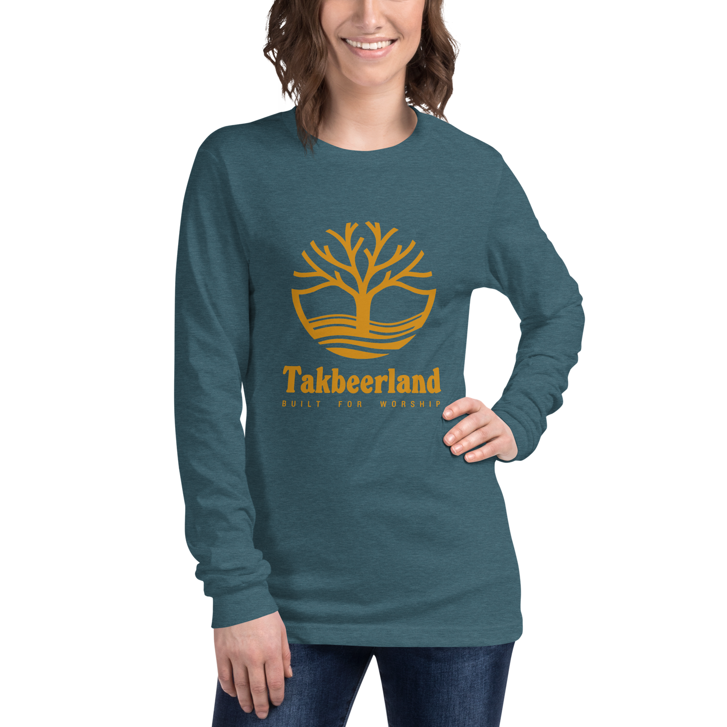 ADULT Long Sleeve Shirt - TAKBEERLAND FULL LOGO (Centered/Large) - Gold