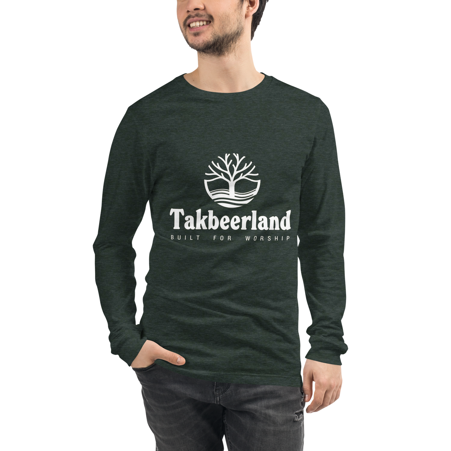 ADULT Long Sleeve Shirt - TAKBEERLAND FULL LOGO (Centered/Medium) - White