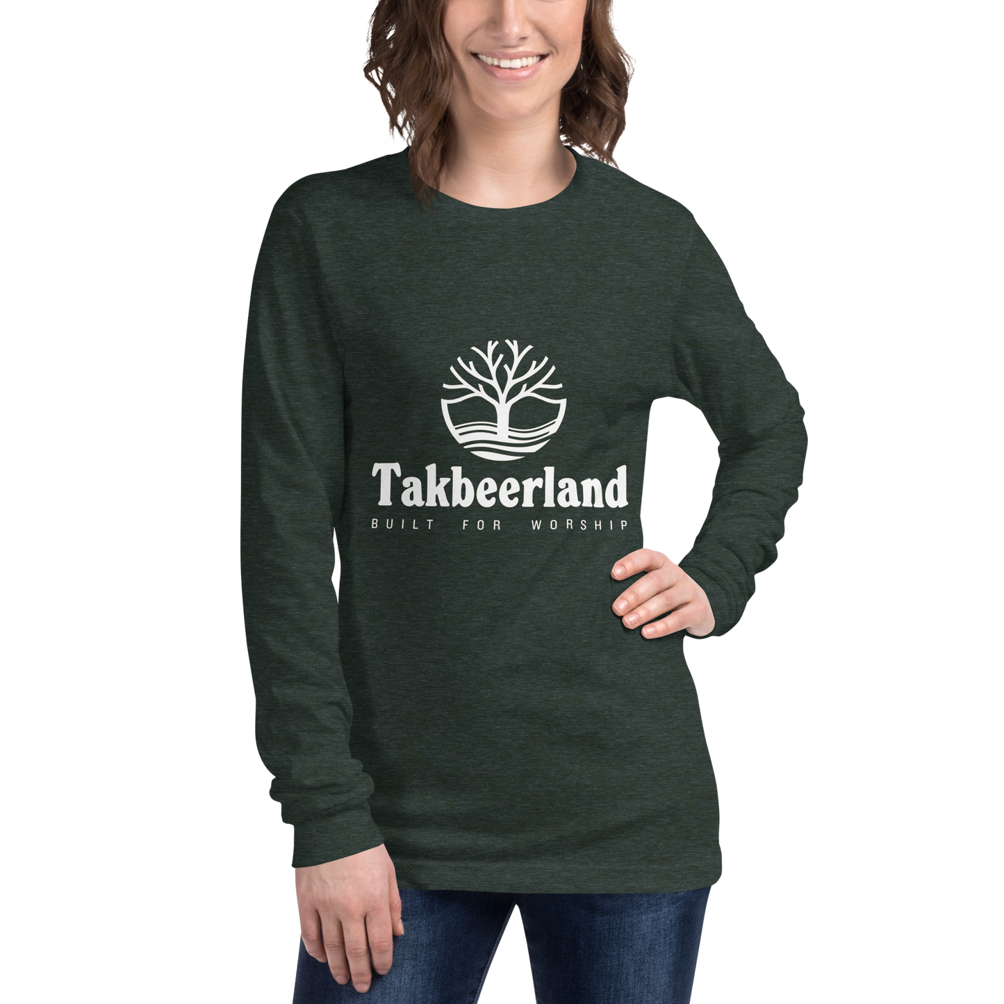 ADULT Long Sleeve Shirt - TAKBEERLAND FULL LOGO (Centered/Medium) - White