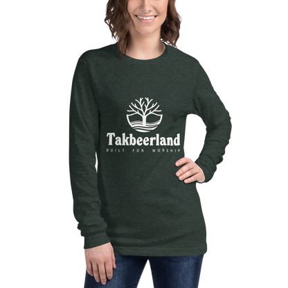 ADULT Long Sleeve Shirt - TAKBEERLAND FULL LOGO (Centered/Medium) - White