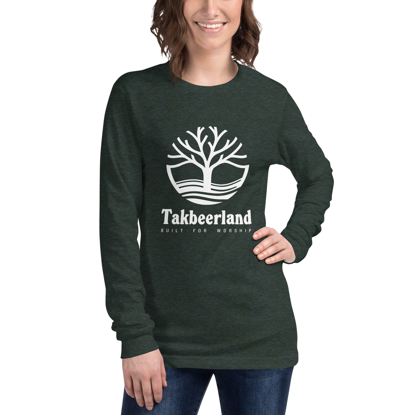 ADULT Long Sleeve Shirt - TAKBEERLAND FULL LOGO (Centered/Large) - White