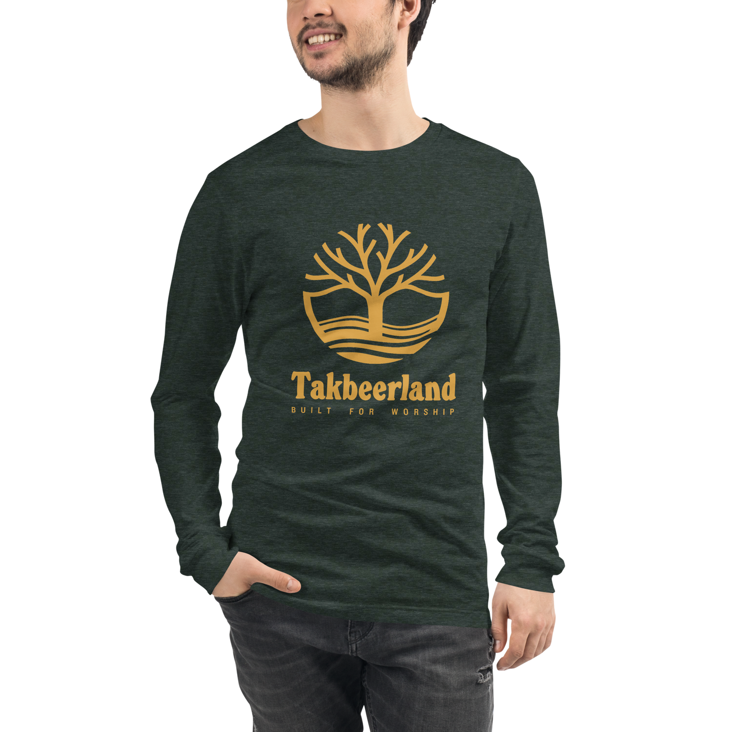 ADULT Long Sleeve Shirt - TAKBEERLAND FULL LOGO (Centered/Large) - Gold