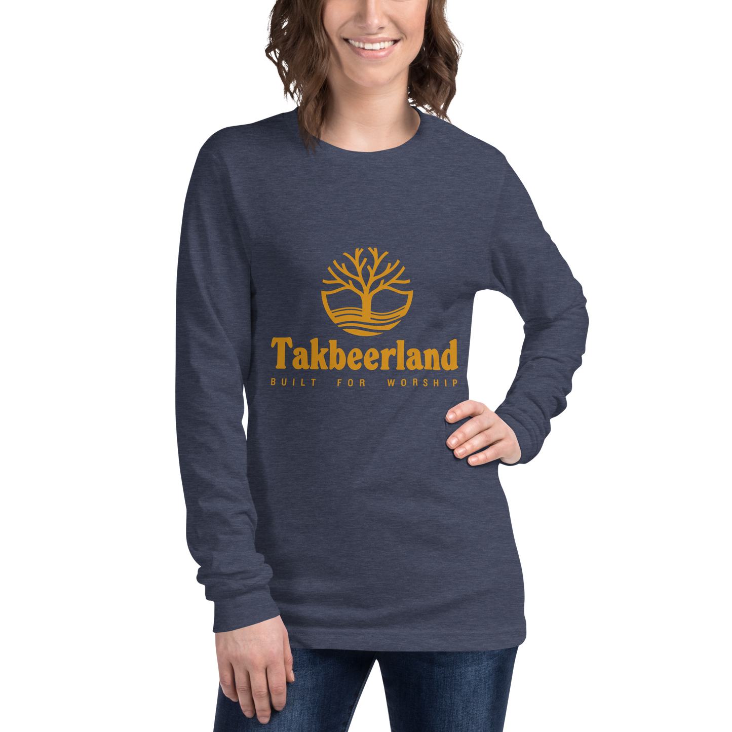 ADULT Long Sleeve Shirt - TAKBEERLAND FULL LOGO (Centered/Medium) - Gold