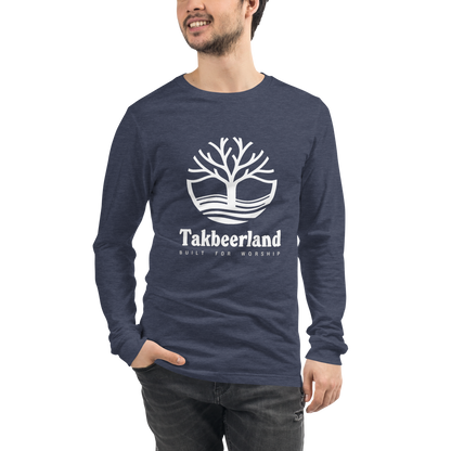 ADULT Long Sleeve Shirt - TAKBEERLAND FULL LOGO (Centered/Large) - White