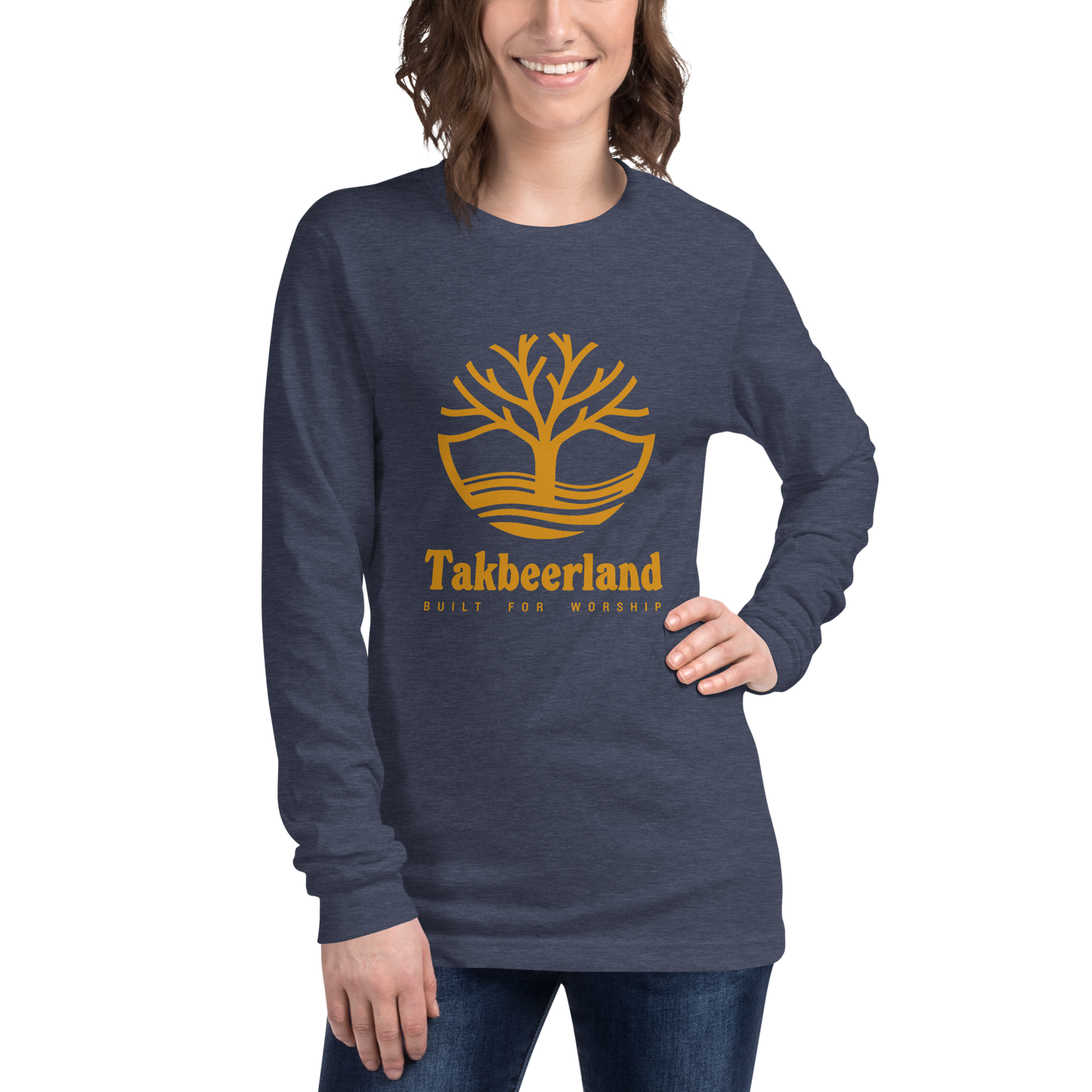 ADULT Long Sleeve Shirt - TAKBEERLAND FULL LOGO (Centered/Large) - Gold