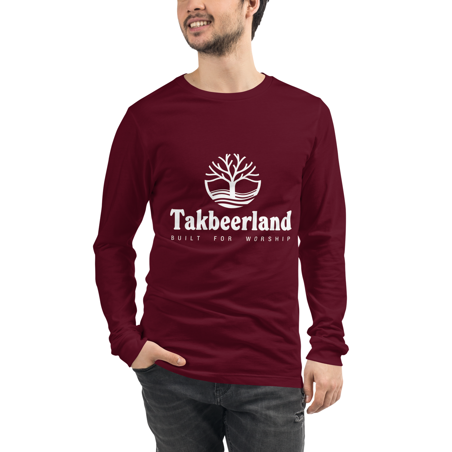 ADULT Long Sleeve Shirt - TAKBEERLAND FULL LOGO (Centered/Medium) - White