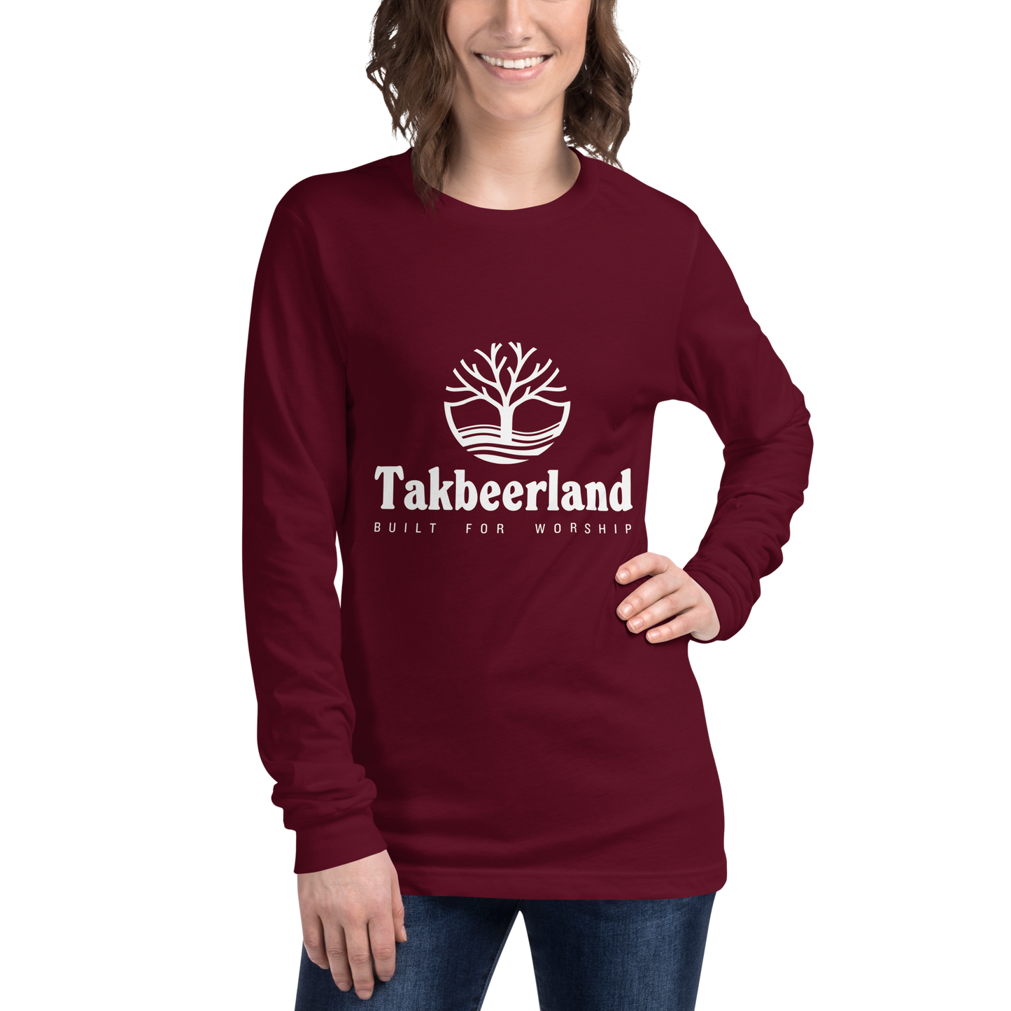 ADULT Long Sleeve Shirt - TAKBEERLAND FULL LOGO (Centered/Medium) - White