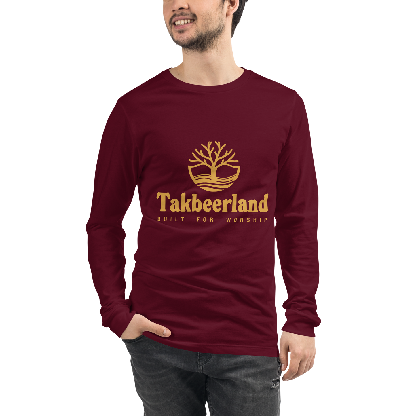 ADULT Long Sleeve Shirt - TAKBEERLAND FULL LOGO (Centered/Medium) - Gold