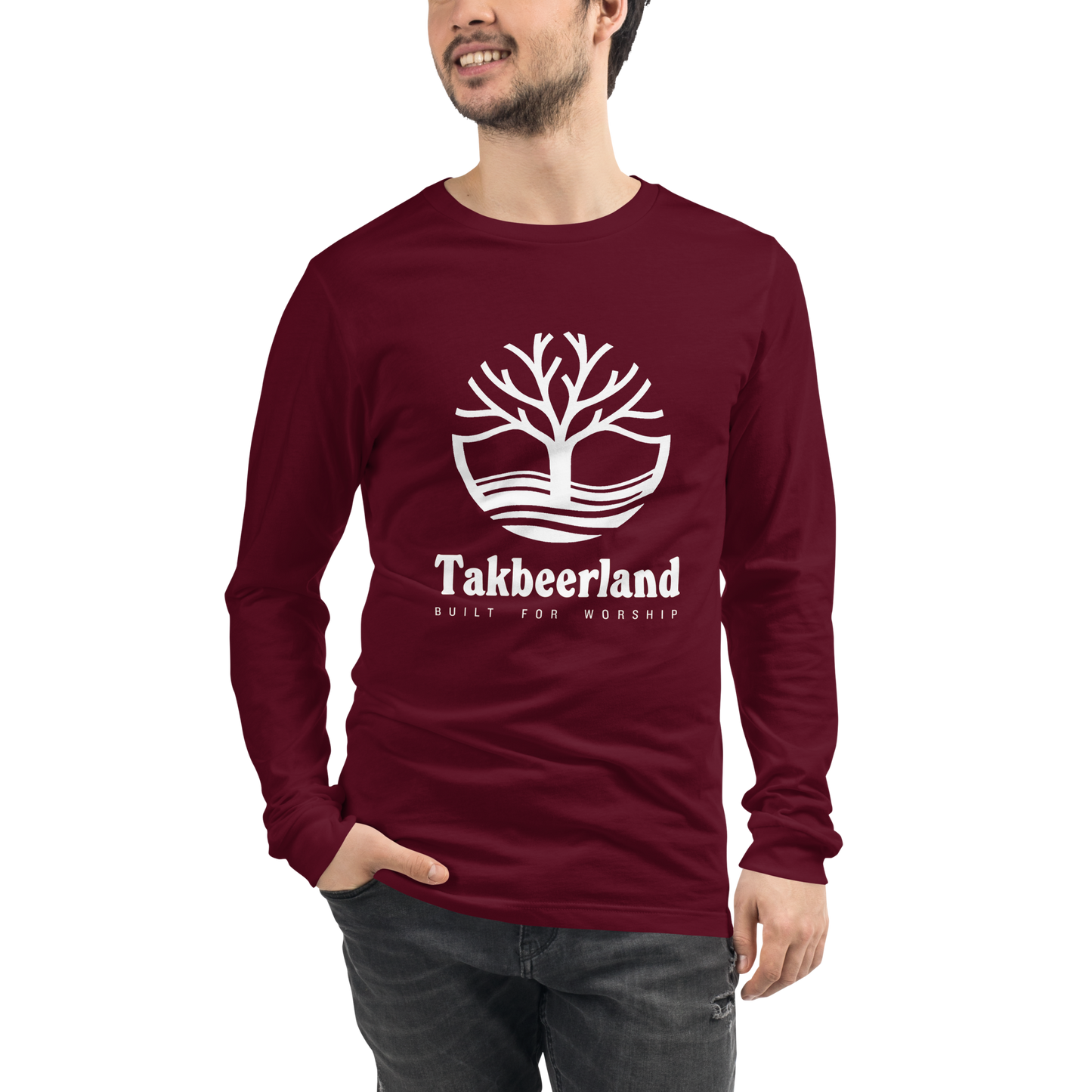 ADULT Long Sleeve Shirt - TAKBEERLAND FULL LOGO (Centered/Large) - White