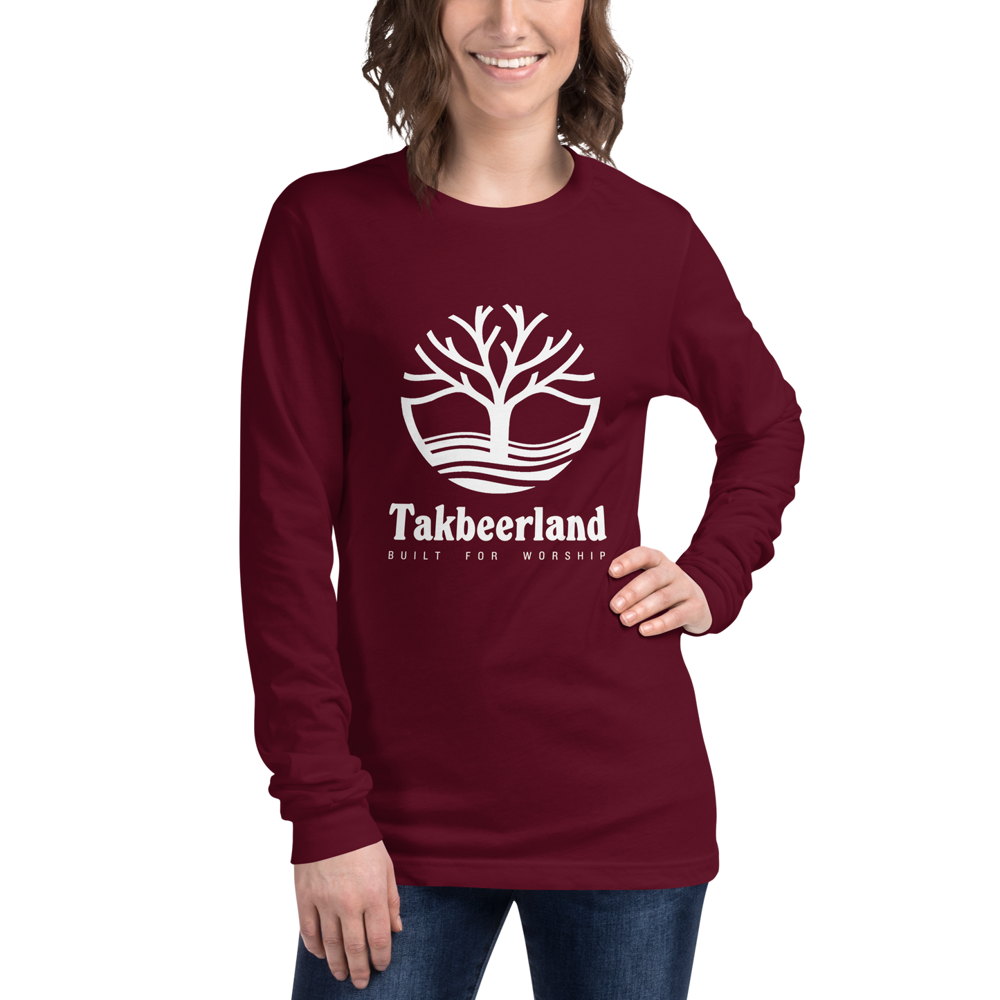 ADULT Long Sleeve Shirt - TAKBEERLAND FULL LOGO (Centered/Large) - White