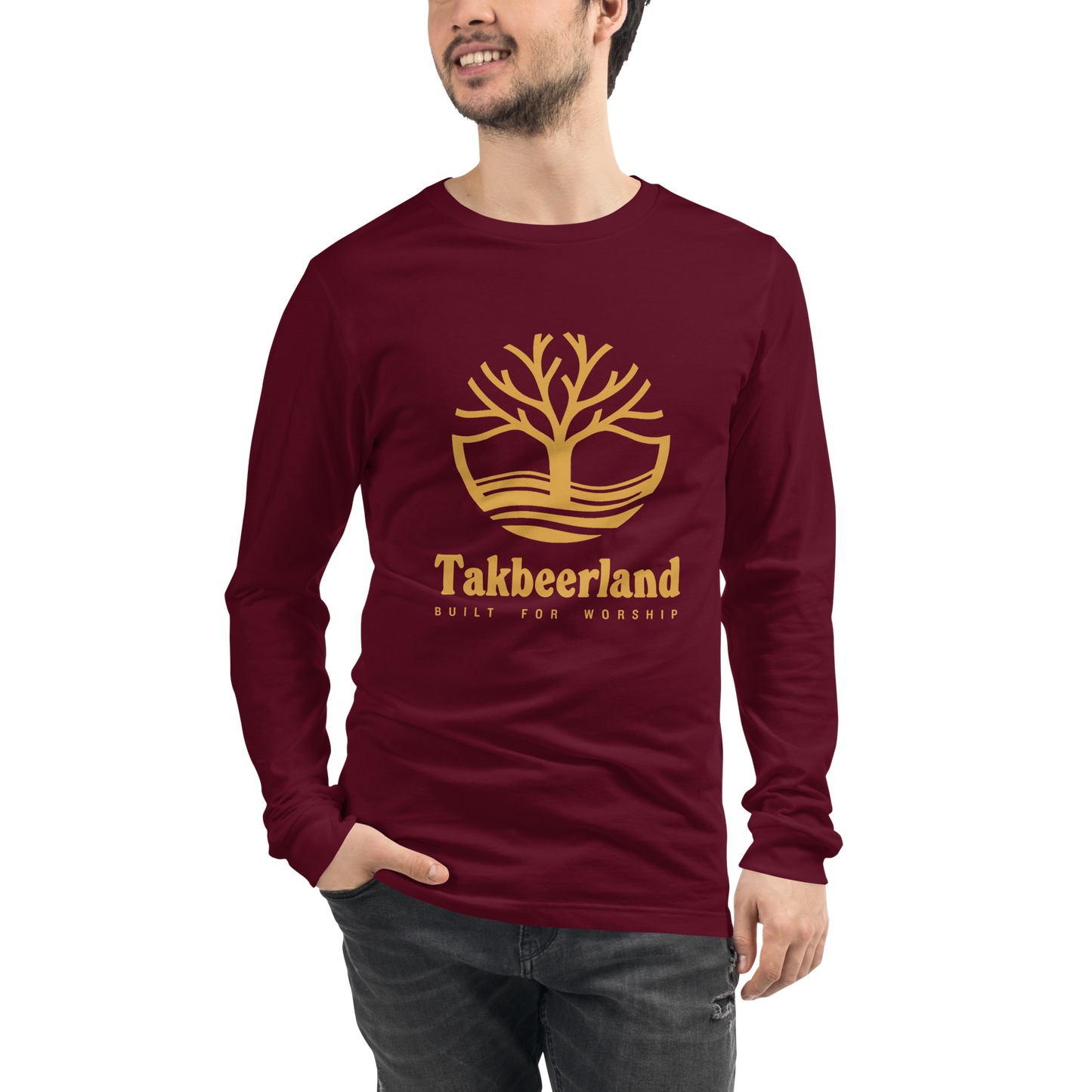 ADULT Long Sleeve Shirt - TAKBEERLAND FULL LOGO (Centered/Large) - Gold