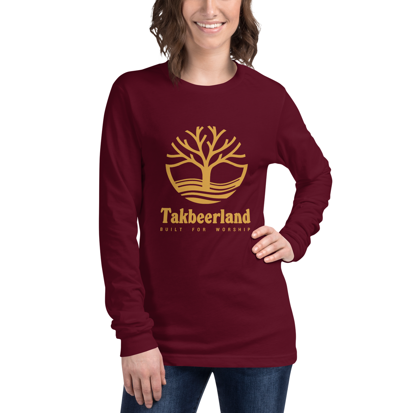 ADULT Long Sleeve Shirt - TAKBEERLAND FULL LOGO (Centered/Large) - Gold