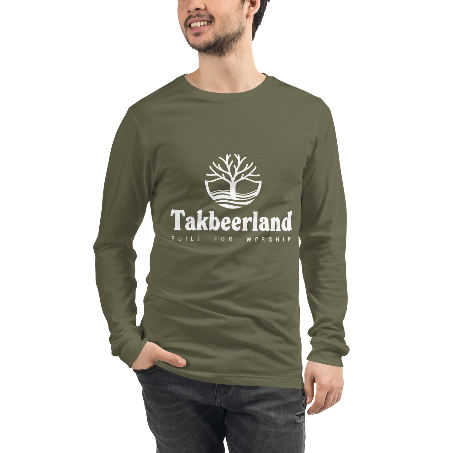 ADULT Long Sleeve Shirt - TAKBEERLAND FULL LOGO (Centered/Medium) - White