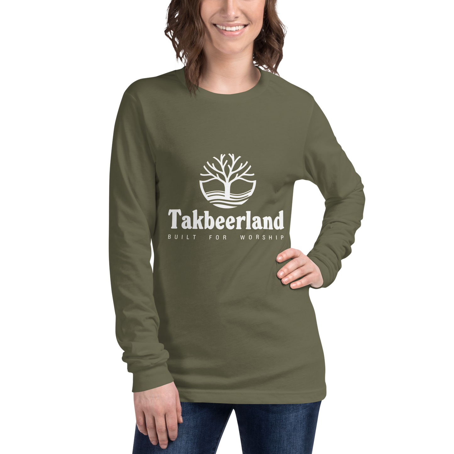 ADULT Long Sleeve Shirt - TAKBEERLAND FULL LOGO (Centered/Medium) - White