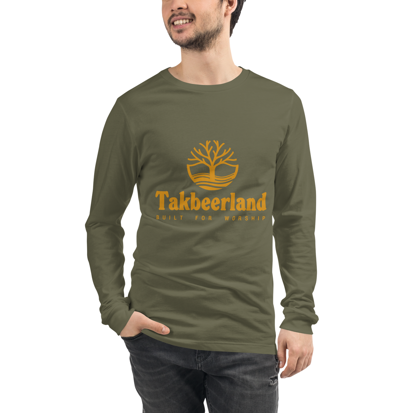 ADULT Long Sleeve Shirt - TAKBEERLAND FULL LOGO (Centered/Medium) - Gold