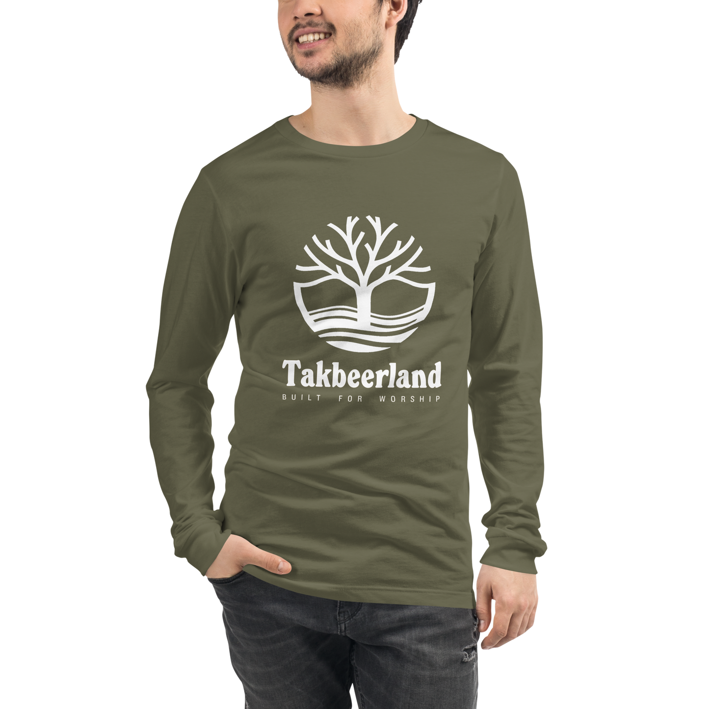 ADULT Long Sleeve Shirt - TAKBEERLAND FULL LOGO (Centered/Large) - White