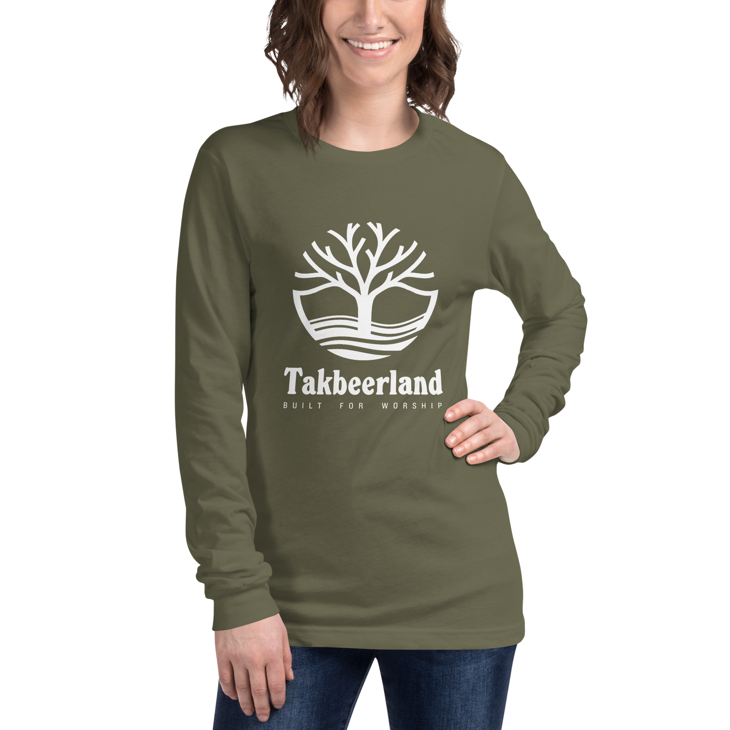 ADULT Long Sleeve Shirt - TAKBEERLAND FULL LOGO (Centered/Large) - White