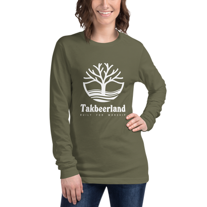 ADULT Long Sleeve Shirt - TAKBEERLAND FULL LOGO (Centered/Large) - White