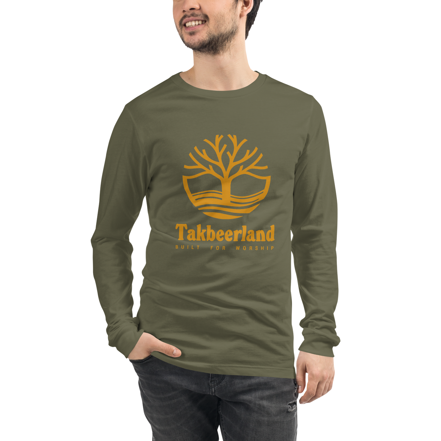 ADULT Long Sleeve Shirt - TAKBEERLAND FULL LOGO (Centered/Large) - Gold