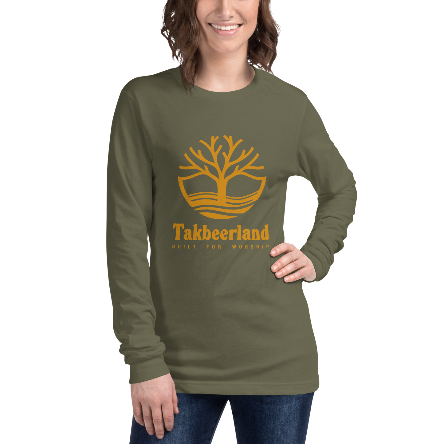 ADULT Long Sleeve Shirt - TAKBEERLAND FULL LOGO (Centered/Large) - Gold