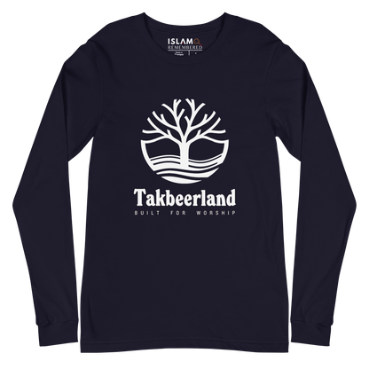 ADULT Long Sleeve Shirt - TAKBEERLAND FULL LOGO (Centered/Large) - White