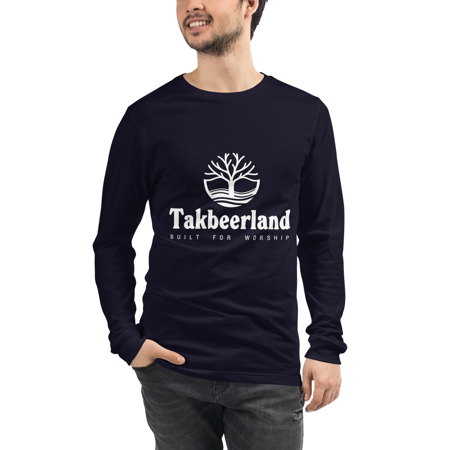 ADULT Long Sleeve Shirt - TAKBEERLAND FULL LOGO (Centered/Medium) - White