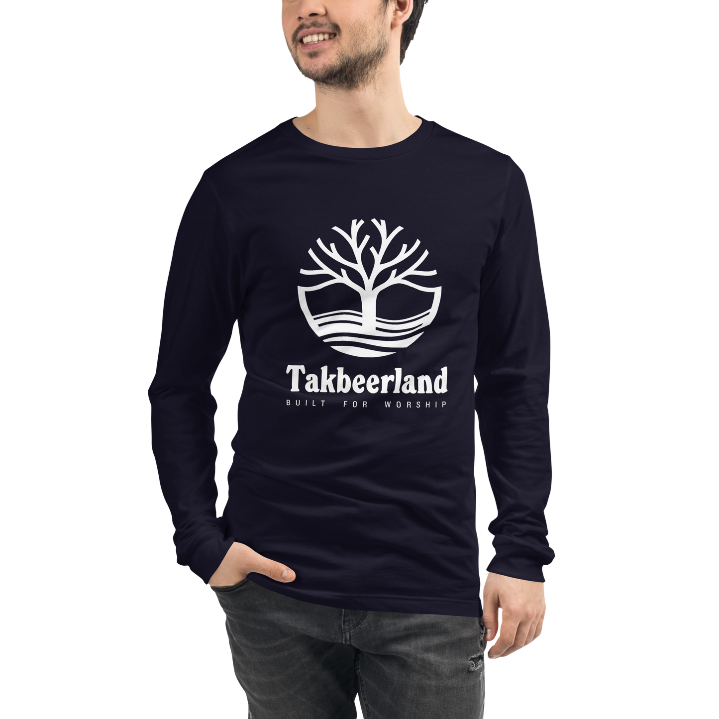 ADULT Long Sleeve Shirt - TAKBEERLAND FULL LOGO (Centered/Large) - White