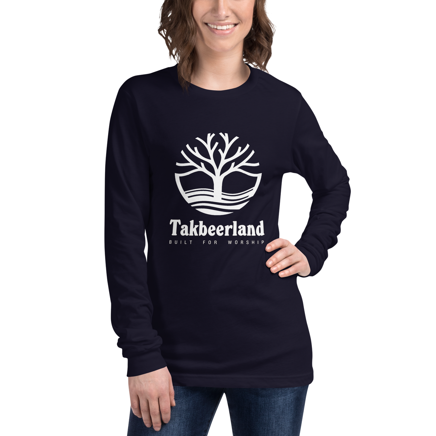 ADULT Long Sleeve Shirt - TAKBEERLAND FULL LOGO (Centered/Large) - White