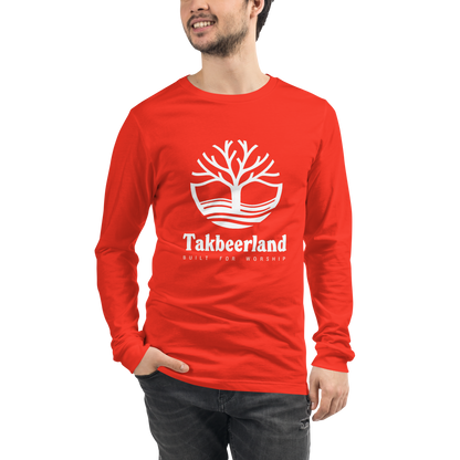 ADULT Long Sleeve Shirt - TAKBEERLAND FULL LOGO (Centered/Large) - White