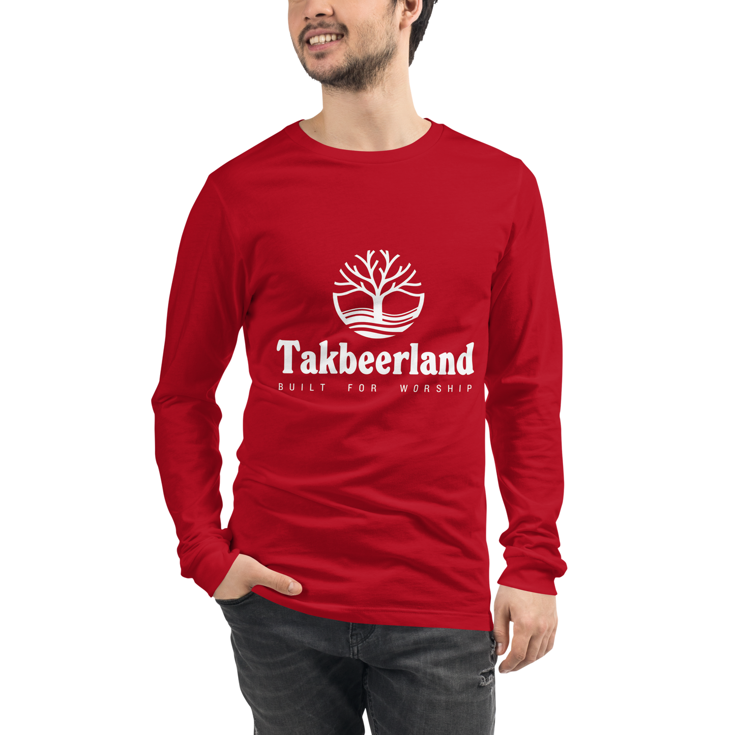 ADULT Long Sleeve Shirt - TAKBEERLAND FULL LOGO (Centered/Medium) - White