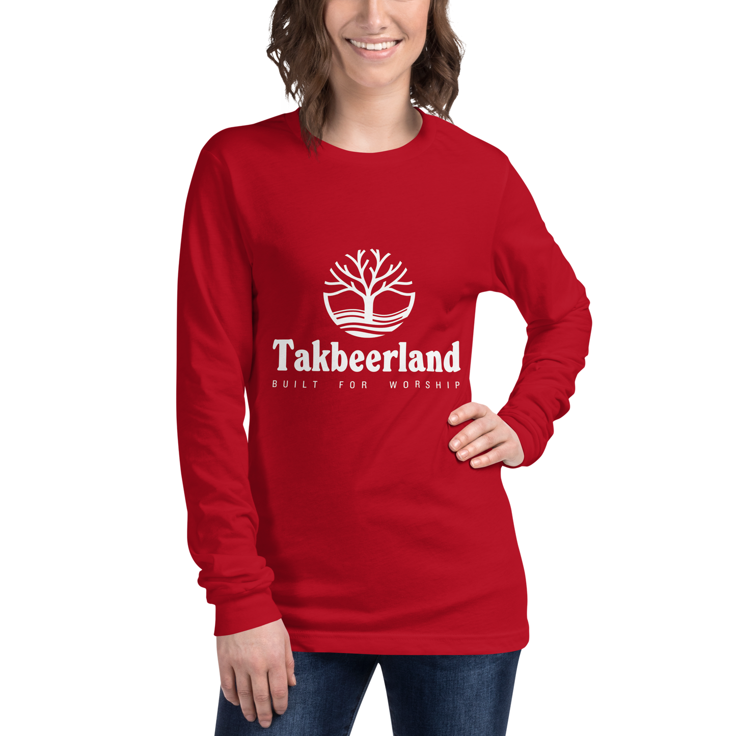 ADULT Long Sleeve Shirt - TAKBEERLAND FULL LOGO (Centered/Medium) - White