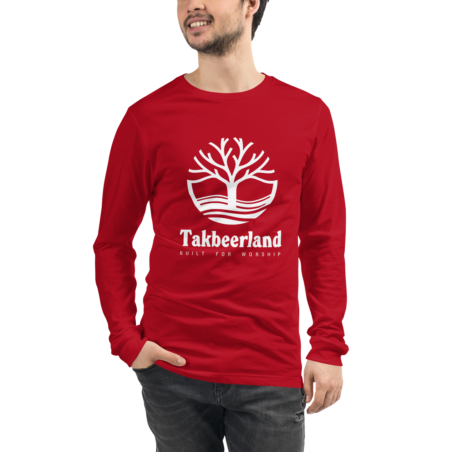 ADULT Long Sleeve Shirt - TAKBEERLAND FULL LOGO (Centered/Large) - White