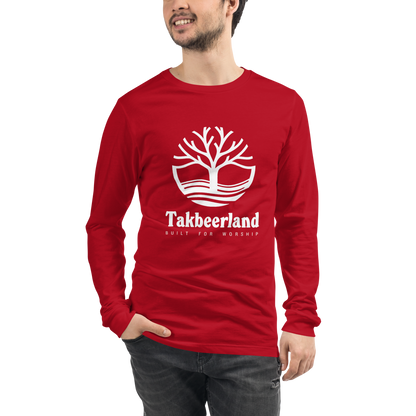 ADULT Long Sleeve Shirt - TAKBEERLAND FULL LOGO (Centered/Large) - White