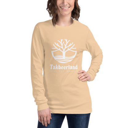 ADULT Long Sleeve Shirt - TAKBEERLAND FULL LOGO (Centered/Large) - White