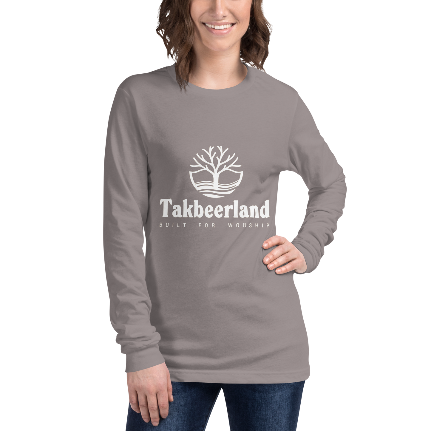 ADULT Long Sleeve Shirt - TAKBEERLAND FULL LOGO (Centered/Medium) - White