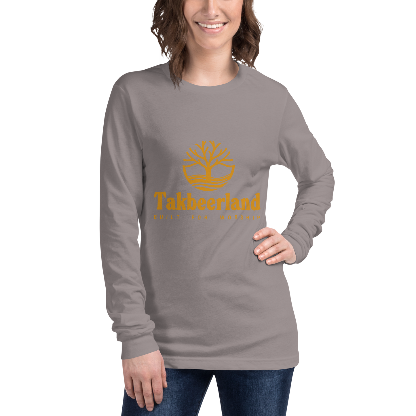 ADULT Long Sleeve Shirt - TAKBEERLAND FULL LOGO (Centered/Medium) - Gold