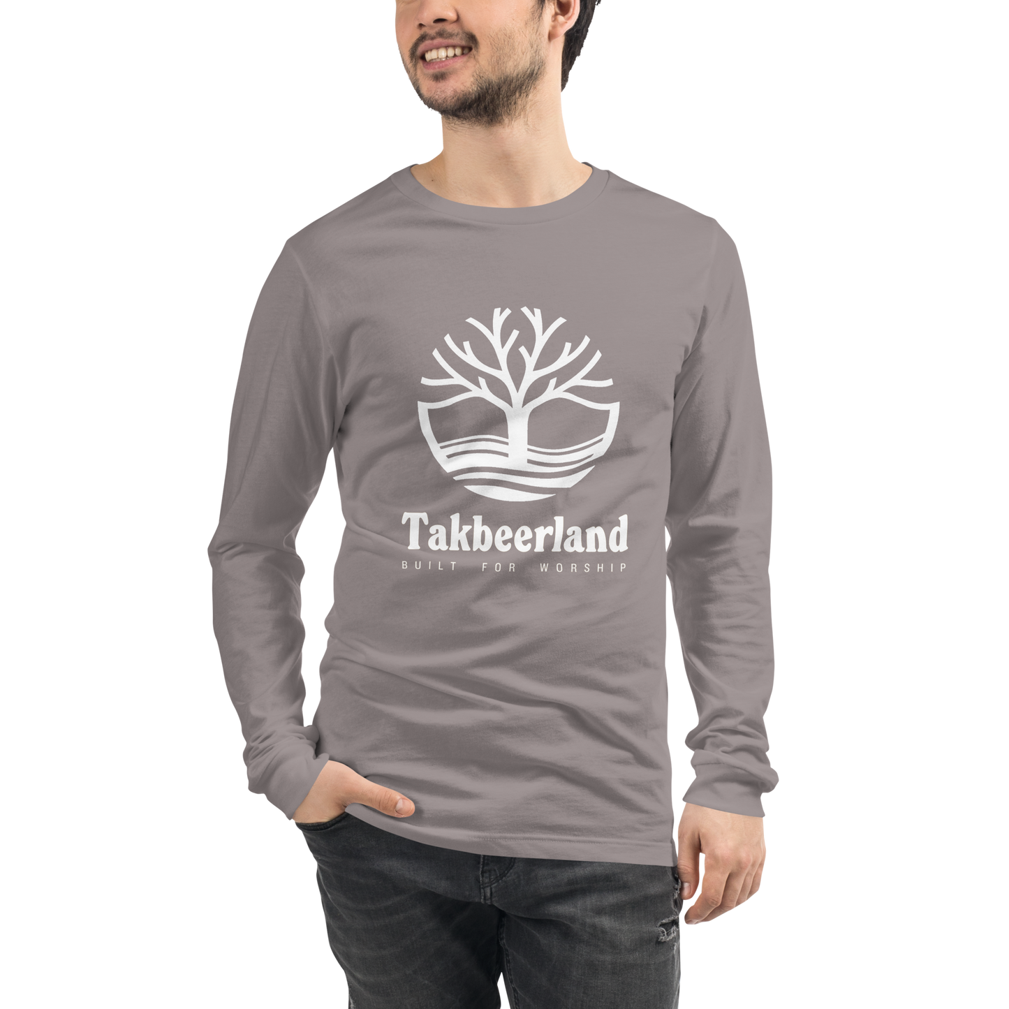 ADULT Long Sleeve Shirt - TAKBEERLAND FULL LOGO (Centered/Large) - White