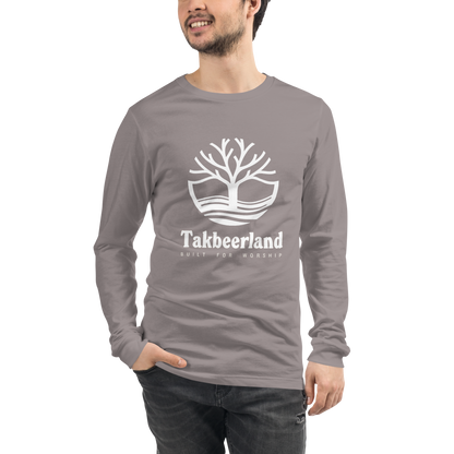 ADULT Long Sleeve Shirt - TAKBEERLAND FULL LOGO (Centered/Large) - White