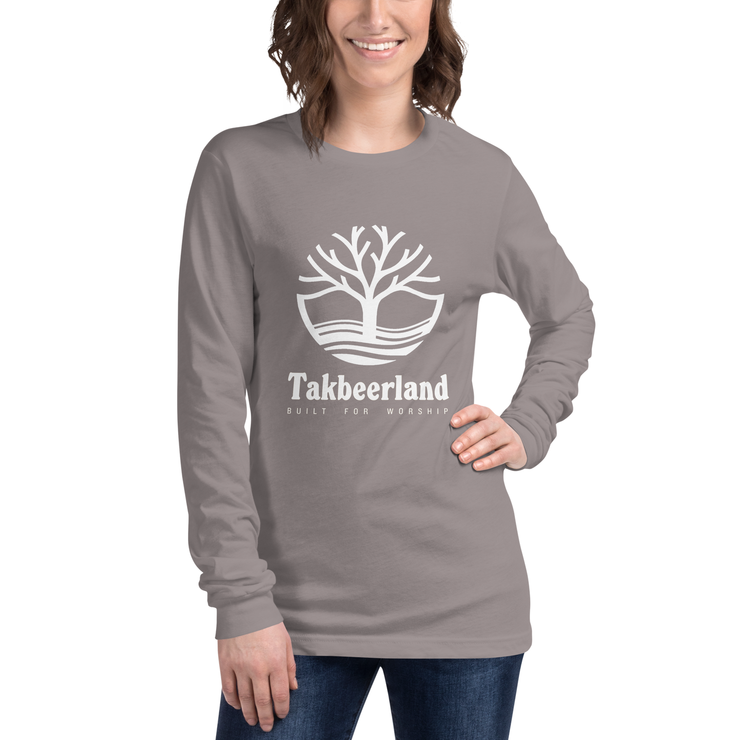 ADULT Long Sleeve Shirt - TAKBEERLAND FULL LOGO (Centered/Large) - White