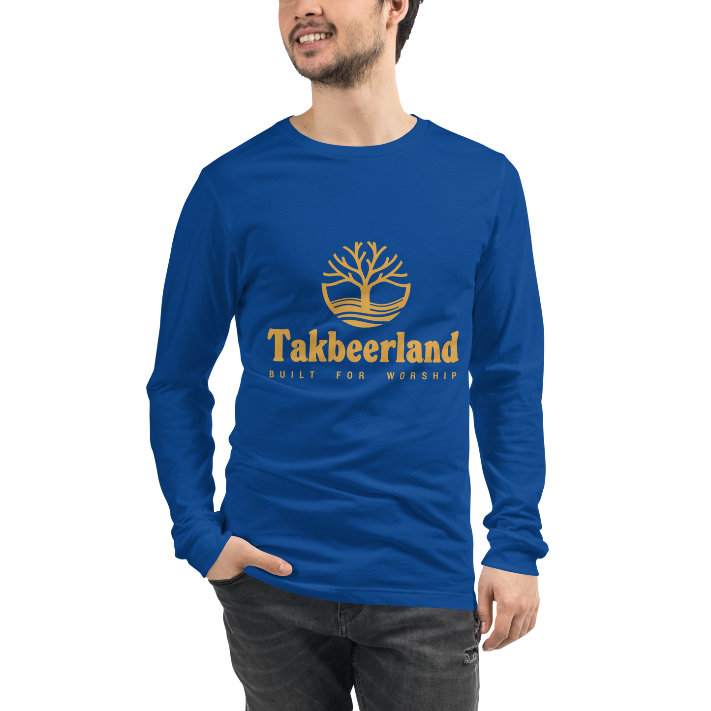 ADULT Long Sleeve Shirt - TAKBEERLAND FULL LOGO (Centered/Medium) - Gold