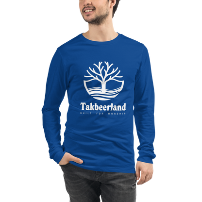 ADULT Long Sleeve Shirt - TAKBEERLAND FULL LOGO (Centered/Large) - White