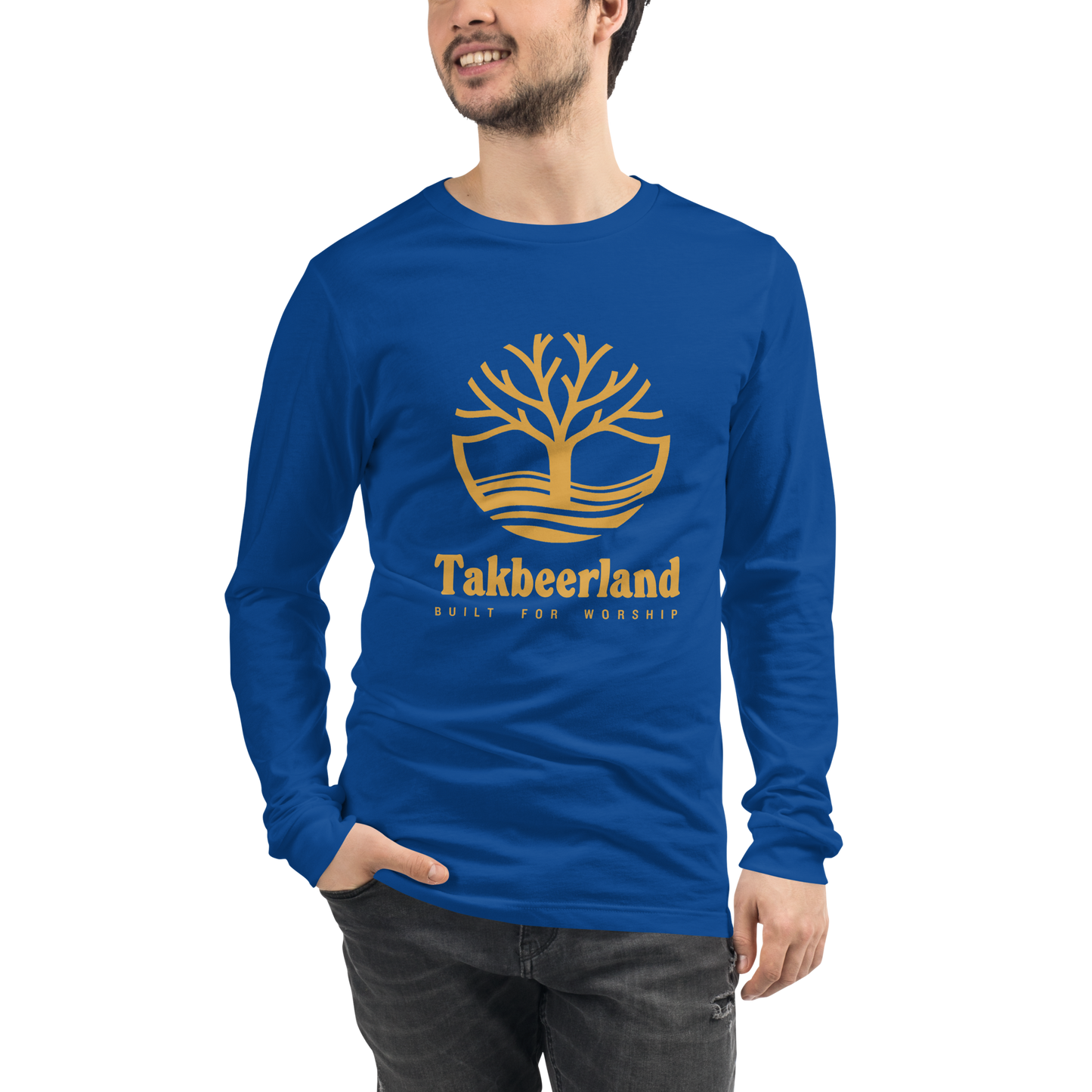 ADULT Long Sleeve Shirt - TAKBEERLAND FULL LOGO (Centered/Large) - Gold