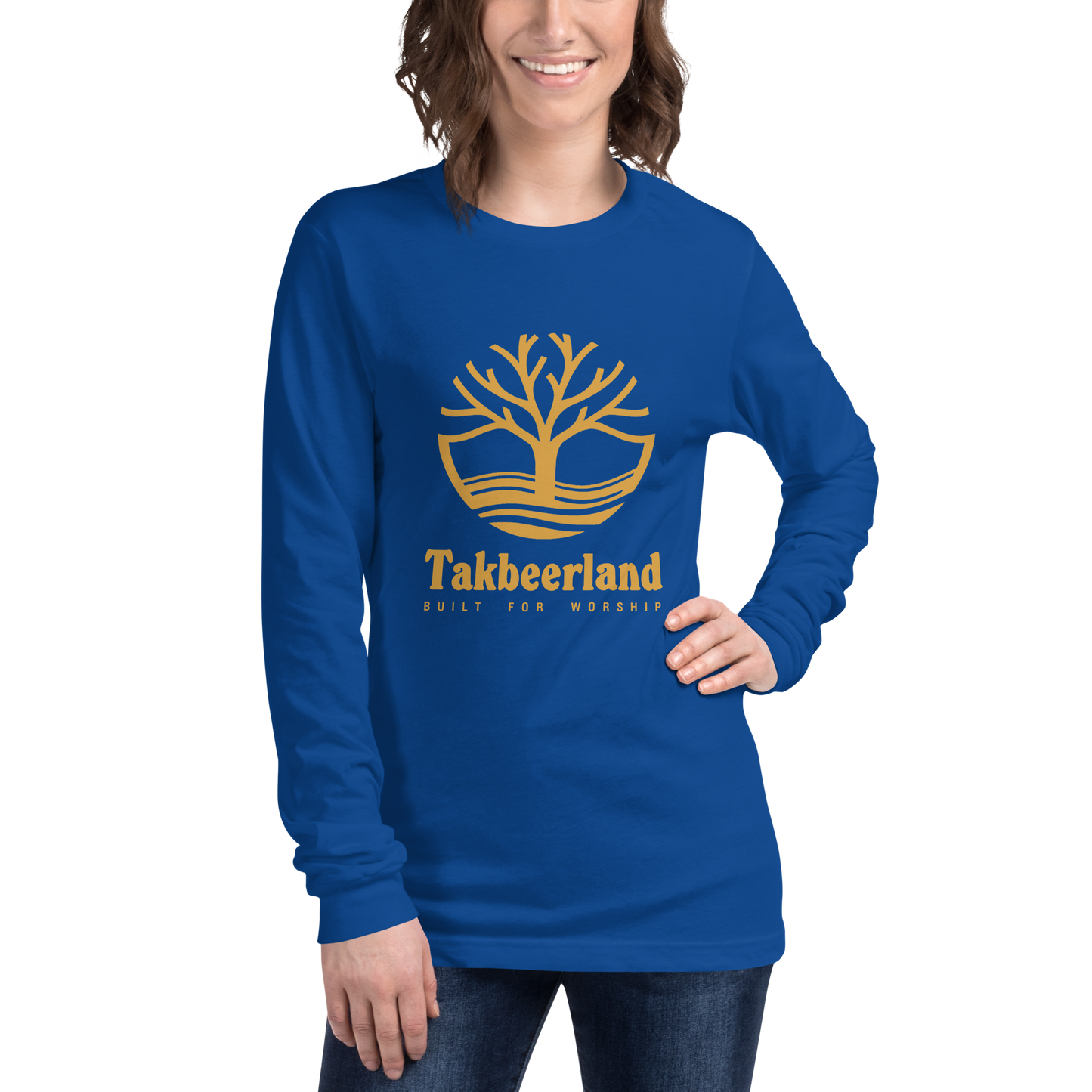 ADULT Long Sleeve Shirt - TAKBEERLAND FULL LOGO (Centered/Large) - Gold