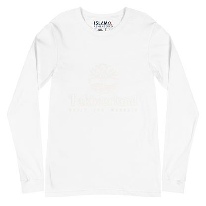 ADULT Long Sleeve Shirt - TAKBEERLAND FULL LOGO (Centered/Medium) - White