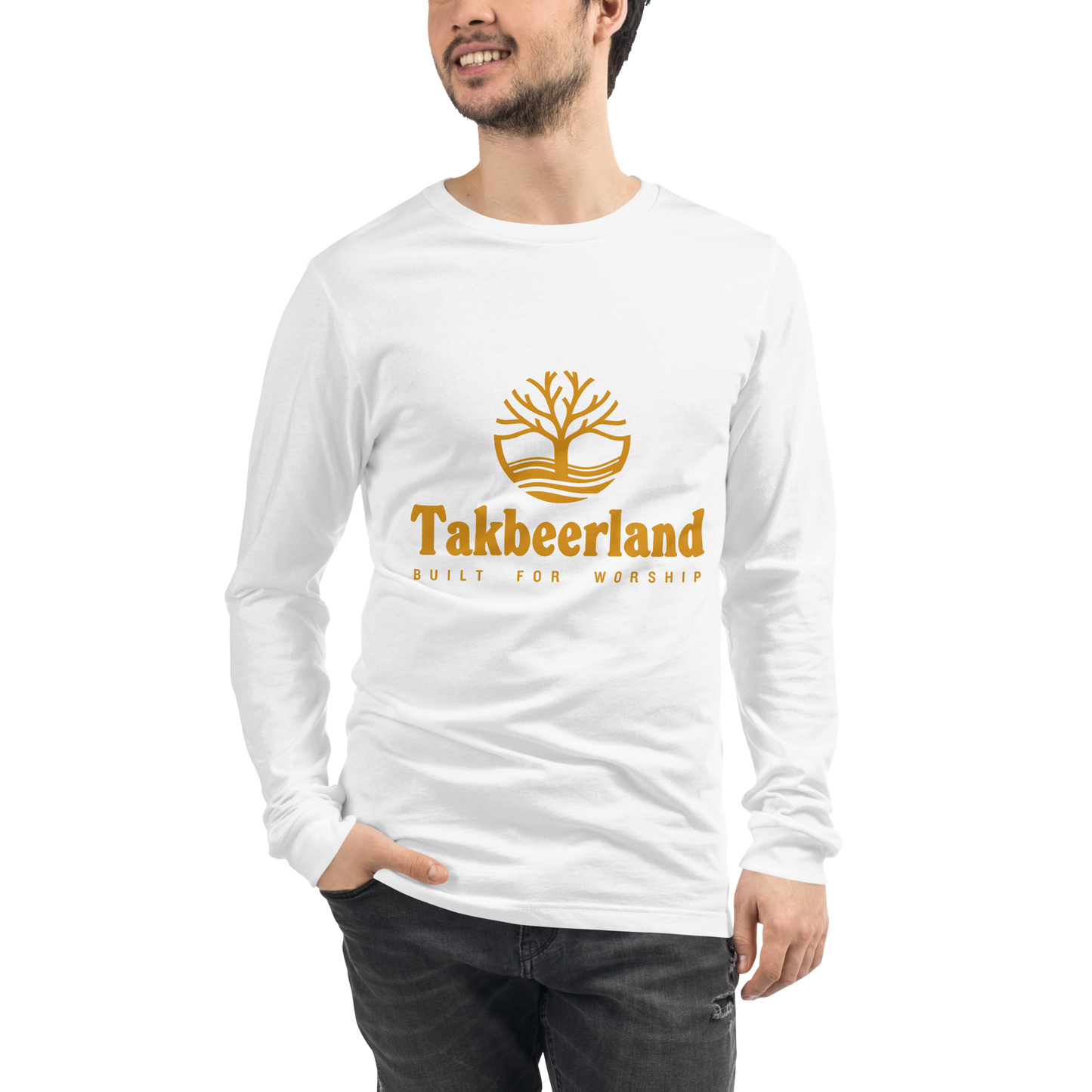 ADULT Long Sleeve Shirt - TAKBEERLAND FULL LOGO (Centered/Medium) - Gold