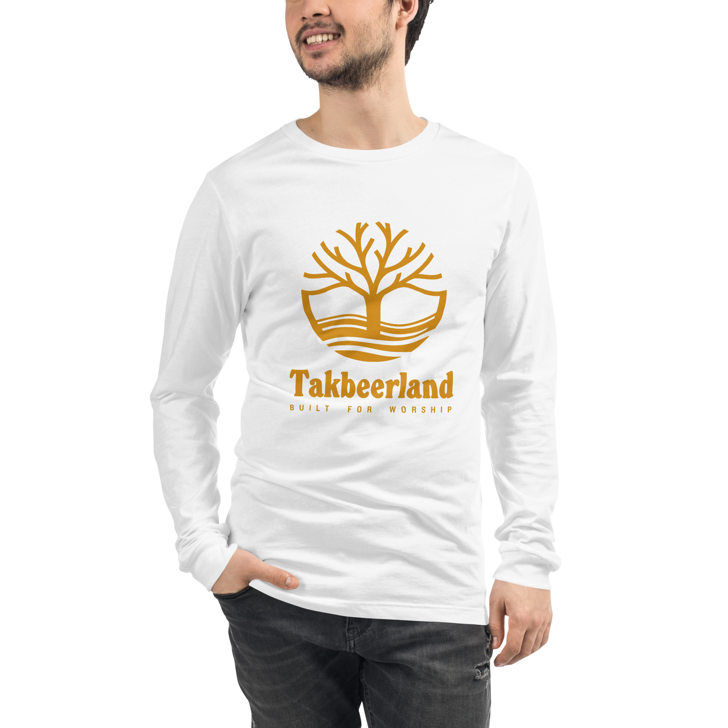 ADULT Long Sleeve Shirt - TAKBEERLAND FULL LOGO (Centered/Large) - Gold