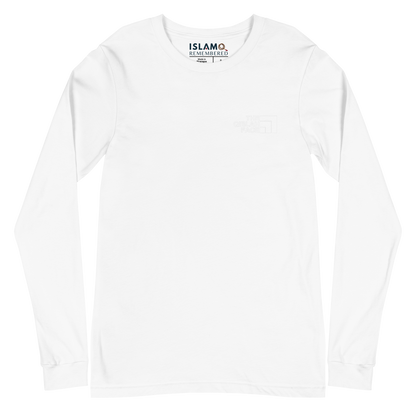 ADULT Long Sleeve Shirt - THE QIBLAH FACE (Never Stop Praying - Back Logo) - White