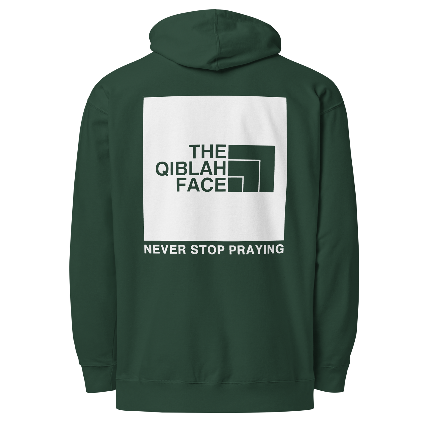 HOODIE Midweight (Adult) - THE QIBLAH FACE (Never Stop Praying - Back Logo) - White