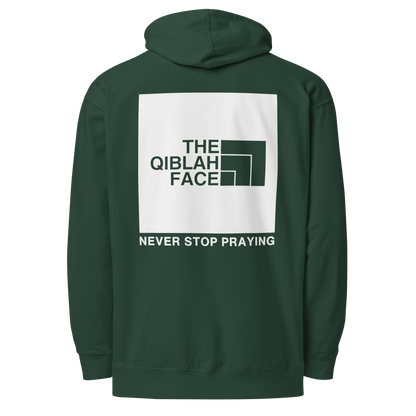 HOODIE Midweight (Adult) - THE QIBLAH FACE (Never Stop Praying - Back Logo) - White